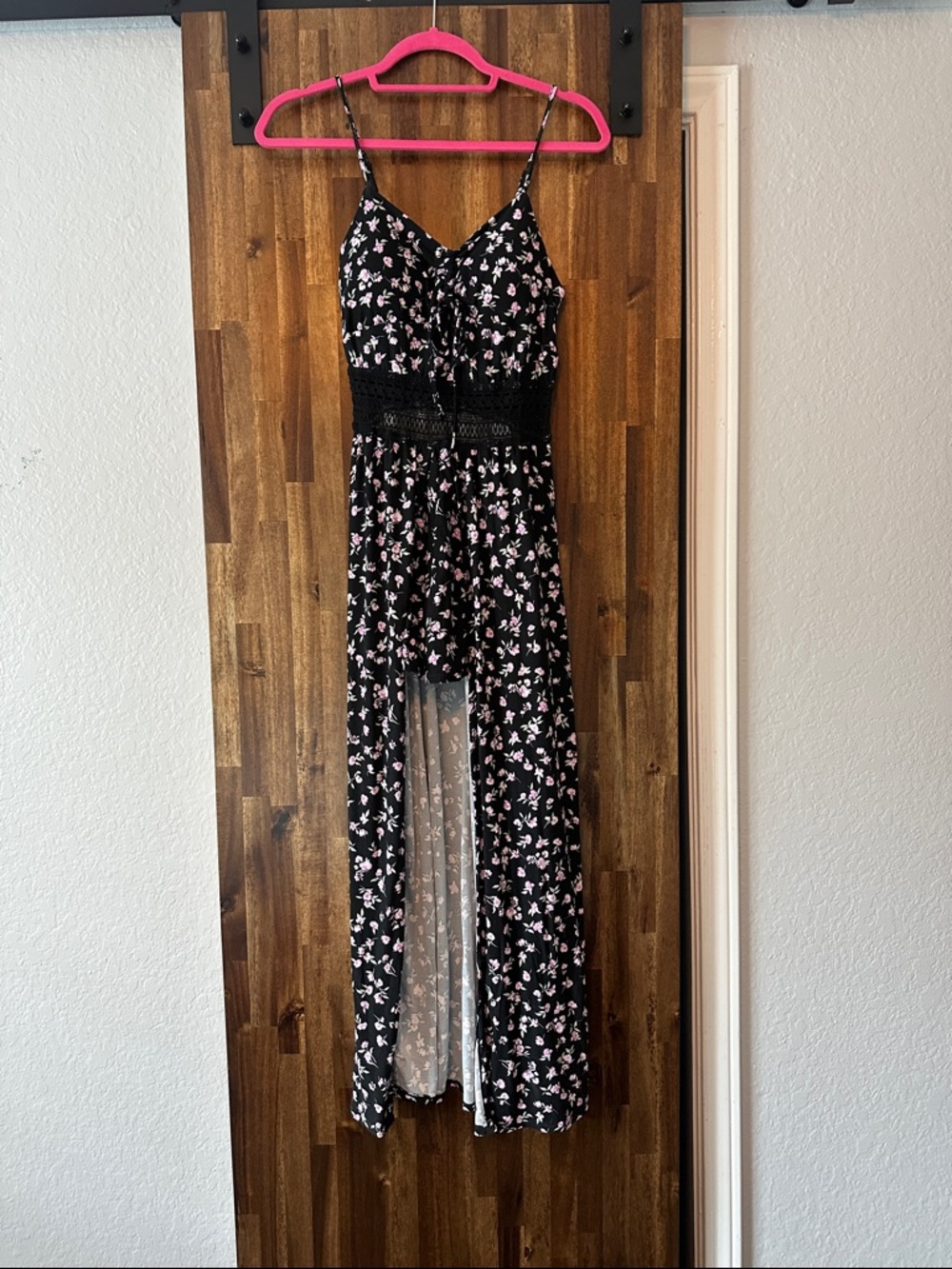 No Boundaries Black Maxi Dress with Pink/purple Floral Print, built in pad bra